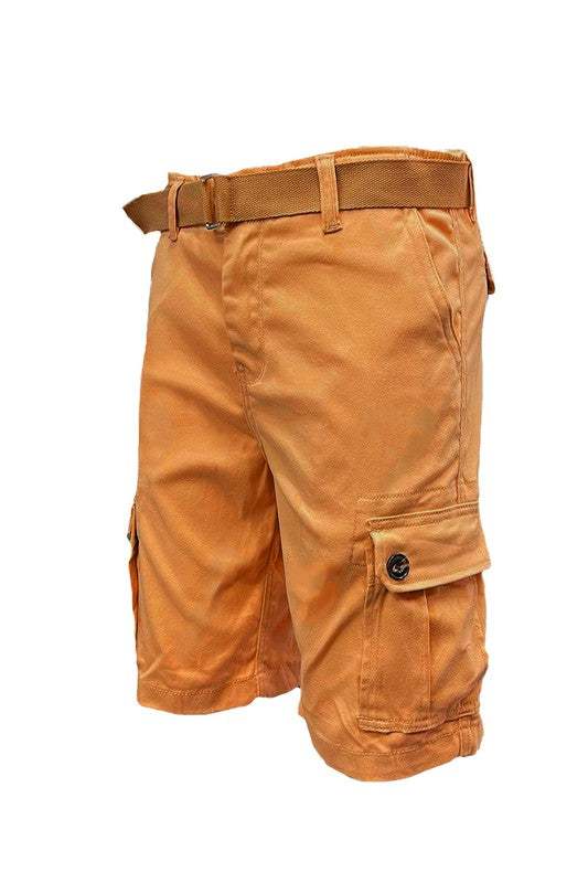Weiv Mens Belted Cargo Shorts with Belt, knee-length, in orange; features durable cotton fabric, multiple side pockets, and a buckle closure belt.